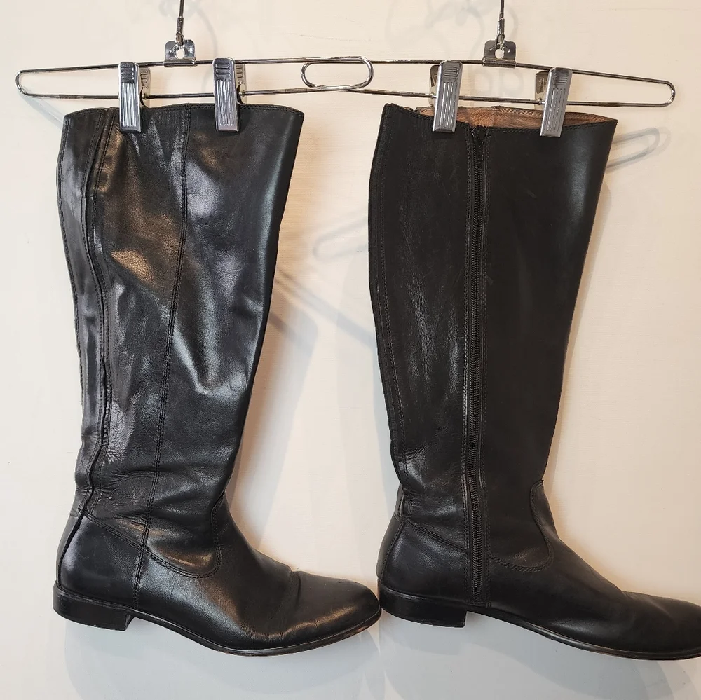 Kenneth Cole Black Leather Knee High Boots Flats Stretch Calf Womens Size 8.5